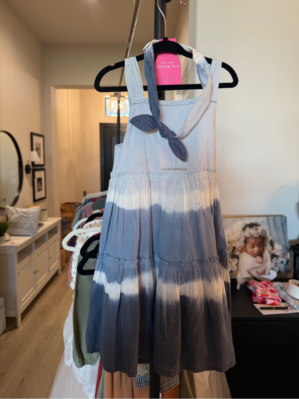 Isaac Mizrahi Girls Blue and White Tie-Dye Tiered Sundress with Neck Scarf